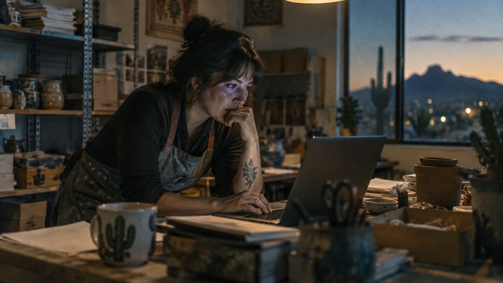 A small-business owner in an apron leaning over a laptop on a cluttered back-office desk late in the day, photographed in Tucson