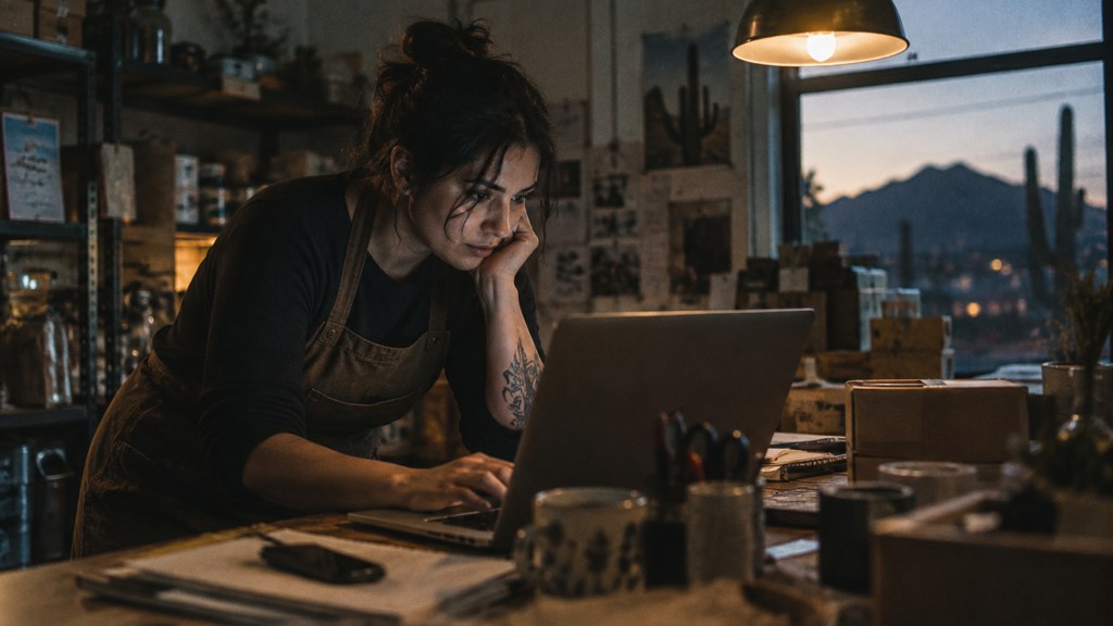 A small-business owner in an apron leaning over a laptop on a cluttered back-office desk late in the day, photographed in Tucson