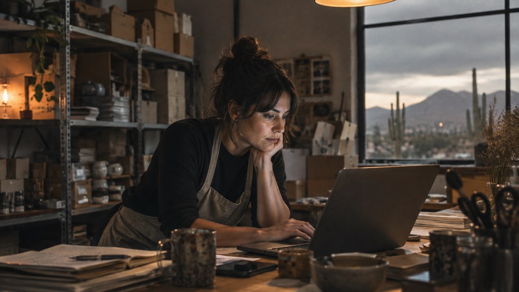 A small-business owner in an apron leaning over a laptop on a cluttered back-office desk late in the day, photographed in Tucson