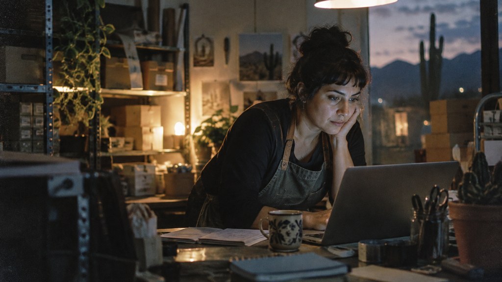 A small-business owner in an apron leaning over a laptop on a cluttered back-office desk late in the day, photographed in Tucson