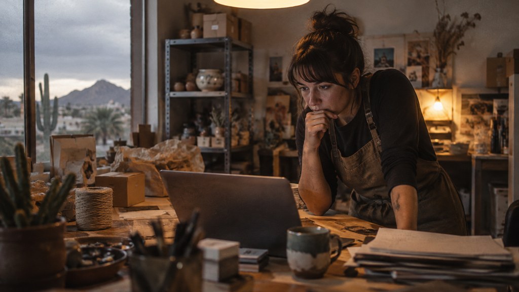 A small-business owner in an apron leaning over a laptop on a cluttered back-office desk late in the day, photographed in Tucson