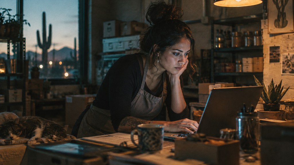 A small-business owner in an apron leaning over a laptop on a cluttered back-office desk late in the day, photographed in Tucson