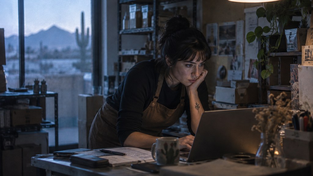 A small-business owner in an apron leaning over a laptop on a cluttered back-office desk late in the day, photographed in Tucson