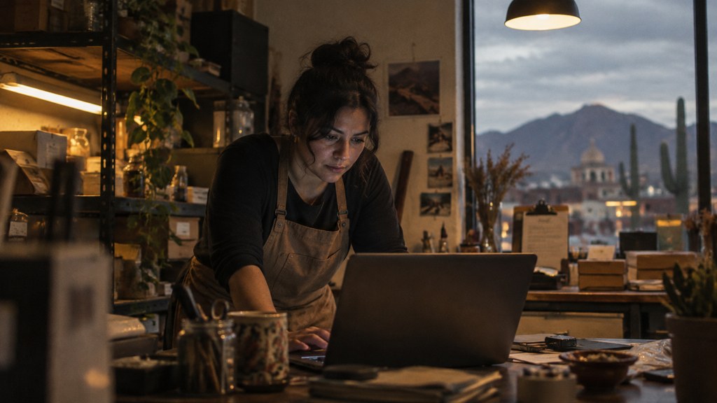 A small-business owner in an apron leaning over a laptop on a cluttered back-office desk late in the day, photographed in Tucson