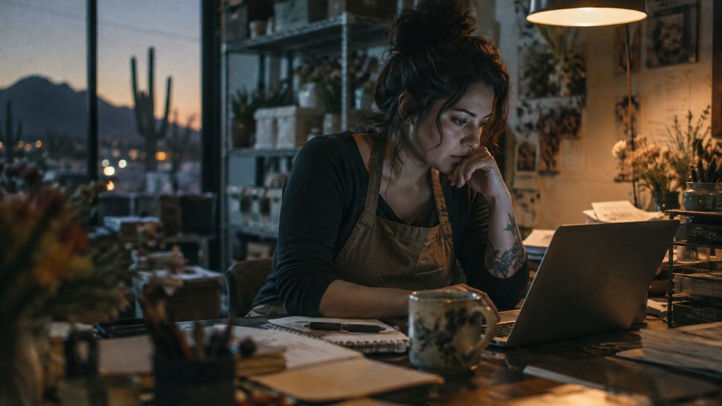 A small-business owner in an apron leaning over a laptop on a cluttered back-office desk late in the day, photographed in Tucson