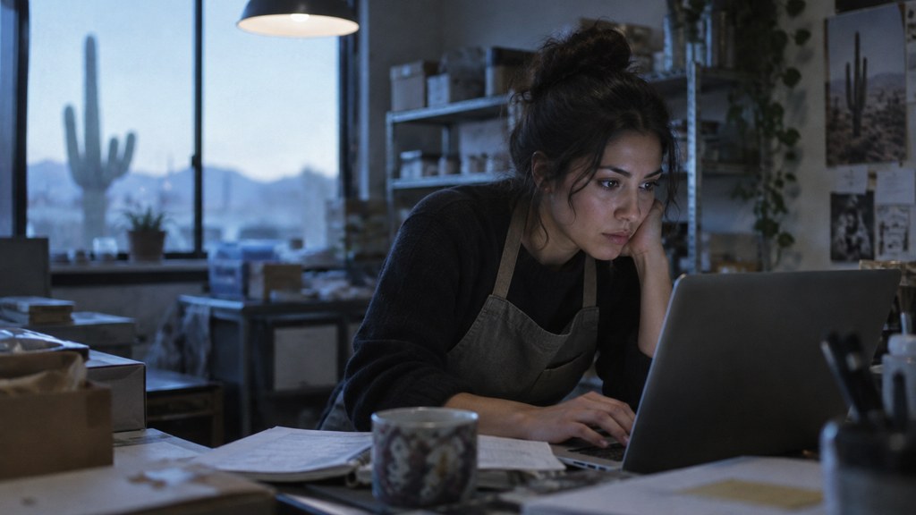 A small-business owner in an apron leaning over a laptop on a cluttered back-office desk late in the day, photographed in Tucson