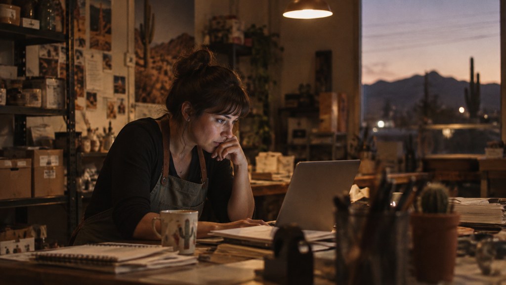 A small-business owner in an apron leaning over a laptop on a cluttered back-office desk late in the day, photographed in Tucson
