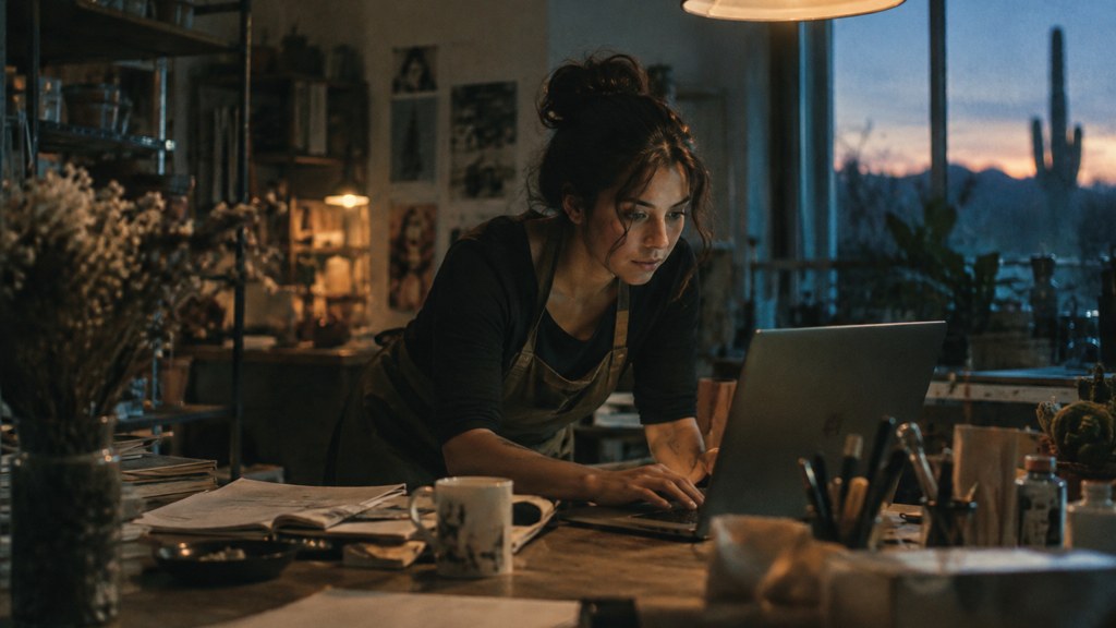 A small-business owner in an apron leaning over a laptop on a cluttered back-office desk late in the day, photographed in Tucson