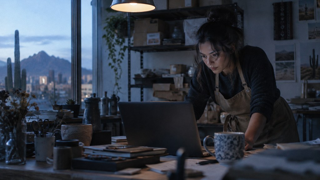 A small-business owner in an apron leaning over a laptop on a cluttered back-office desk late in the day, photographed in Tucson