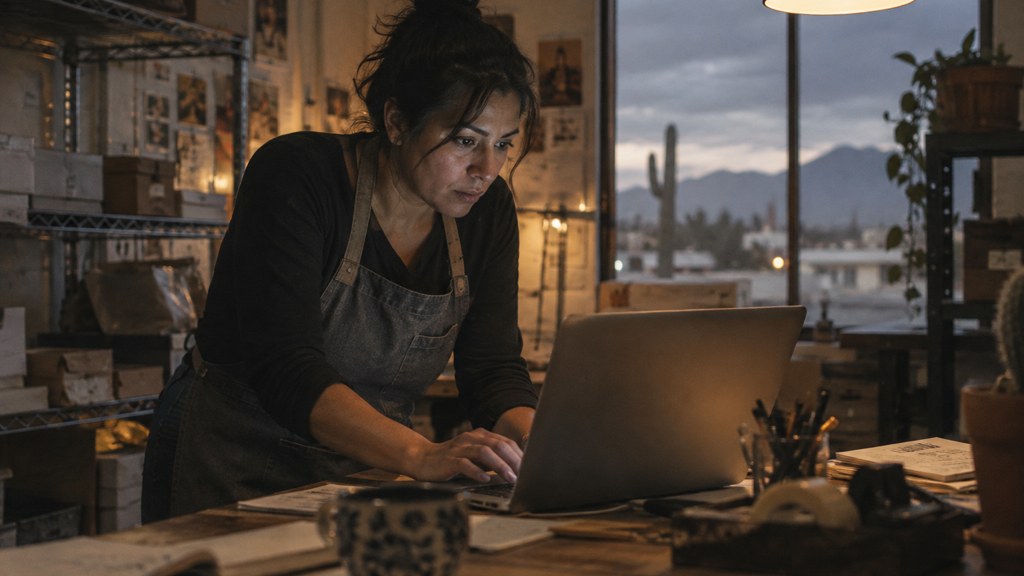 A small-business owner in an apron leaning over a laptop on a cluttered back-office desk late in the day, photographed in Tucson