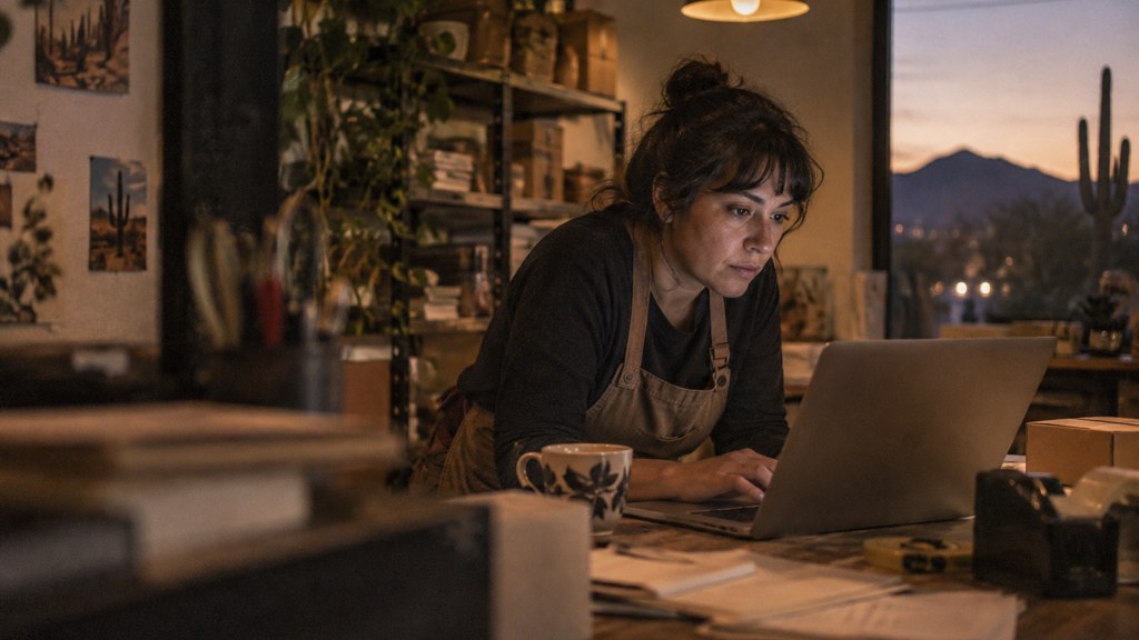 A small-business owner in an apron leaning over a laptop on a cluttered back-office desk late in the day, photographed in Tucson