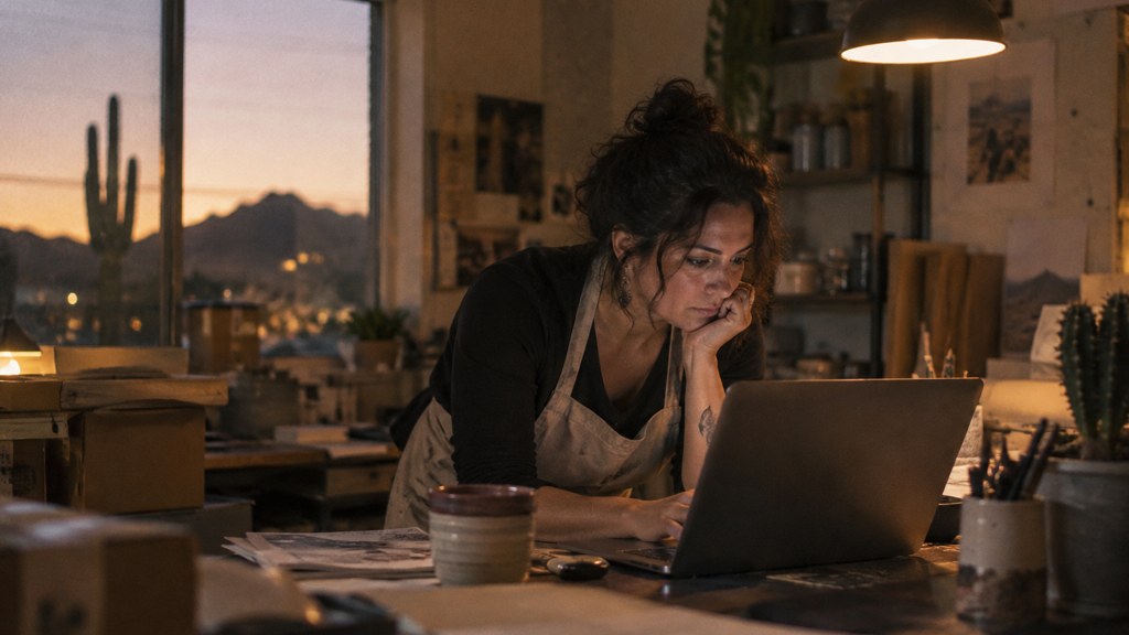 A small-business owner in an apron leaning over a laptop on a cluttered back-office desk late in the day, photographed in Tucson