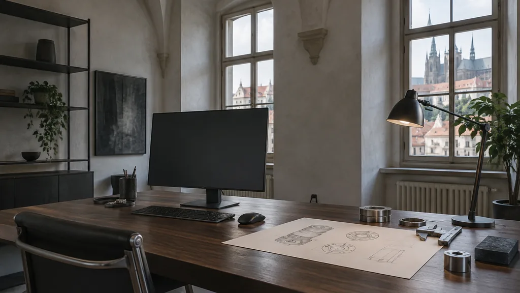 A Prague vaulted-ceiling web design studio with a blank monitor and component sketches on a dark walnut desk in cool northern light