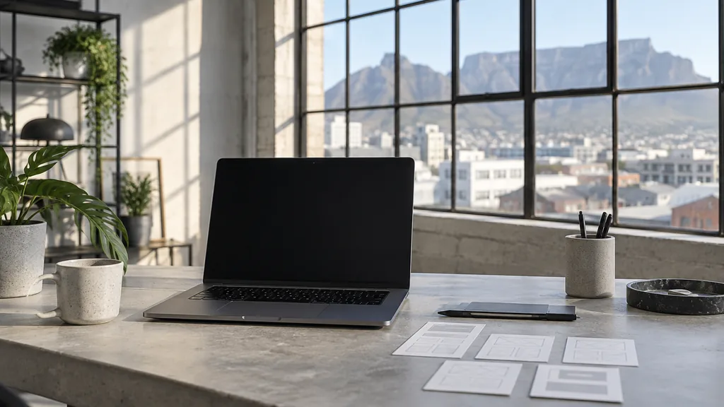 A Cape Town warehouse web design studio with a blank laptop screen and wireframe cards on a pale concrete desk in bright southern light