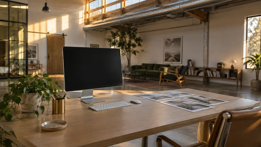An Austin converted warehouse web design studio with a blank monitor and layout printouts on a light oak desk in warm late-afternoon light