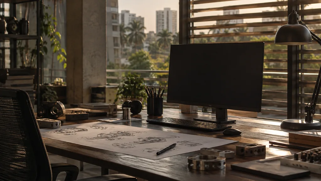 A Bengaluru rooftop web design studio with a blank monitor and component sketches on a dark teak desk in warm filtered light