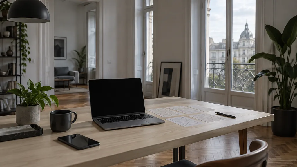 A Belgrade high-ceilinged apartment web design studio with a blank laptop screen and wireframe cards on a pale ash desk in cool morning light