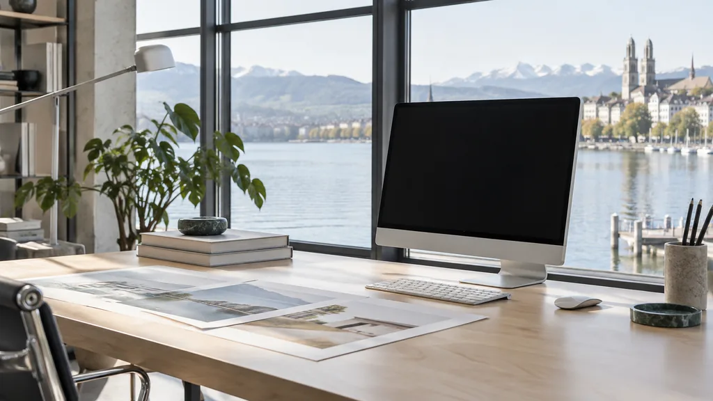 A Zurich lakeside web design studio with a blank monitor and layout printouts on a light maple desk in clean even daylight