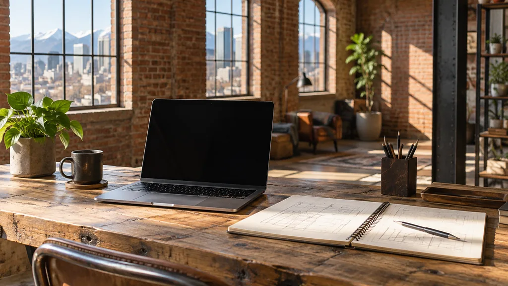 A Denver brick warehouse web design studio with a blank laptop screen and grid sketches on a reclaimed pine desk in bright high-altitude light
