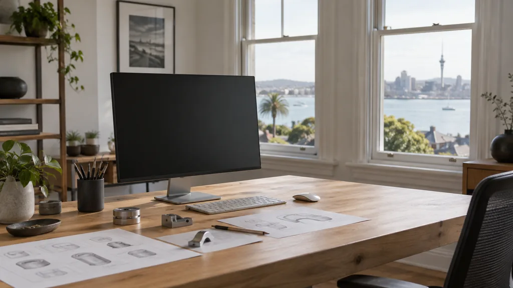 An Auckland villa web design studio with a blank monitor and component sketches on a pale kauri desk in soft harbour light