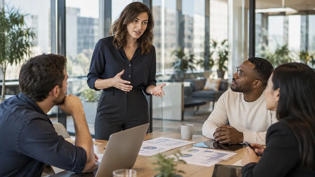 Growth leader briefing three colleagues around a table in a glass-walled meeting room with printed charts