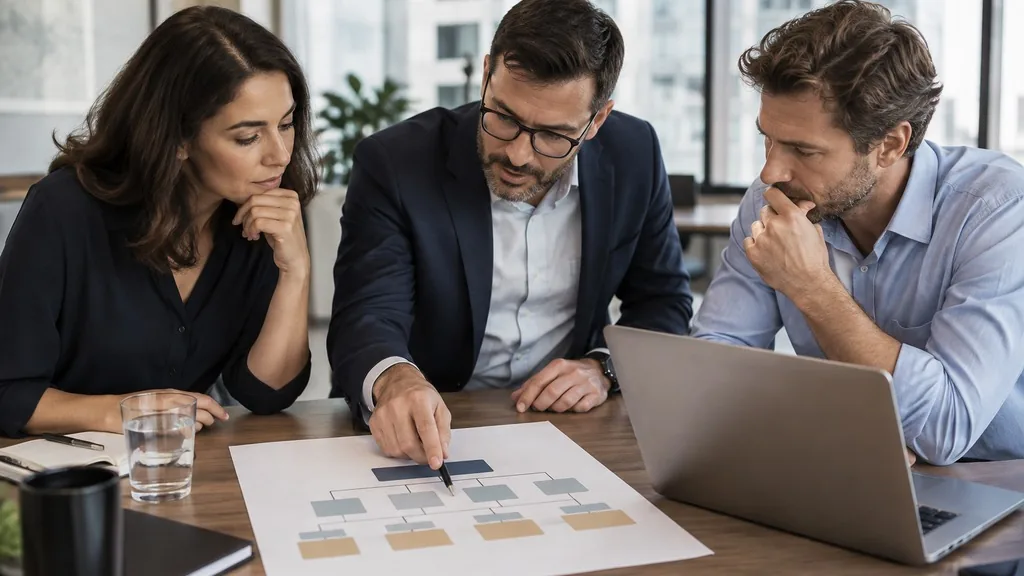 Three colleagues around a meeting table studying a printed org chart beside a laptop in a bright office