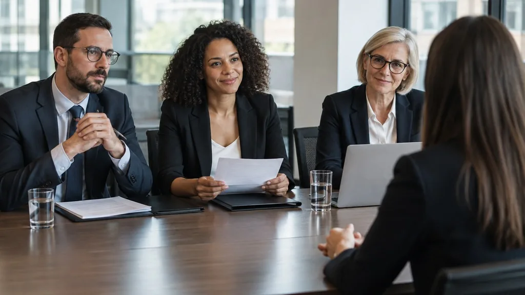 Hiring panel of three people interviewing a candidate across a table in a glass-walled meeting room