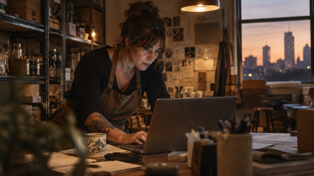 A small-business owner in an apron leaning over a laptop on a cluttered back-office desk late in the day, photographed in Tulsa