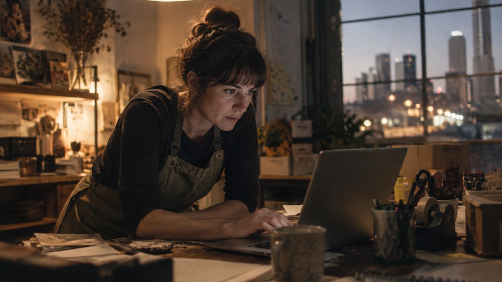 A small-business owner in an apron leaning over a laptop on a cluttered back-office desk late in the day, photographed in Tulsa