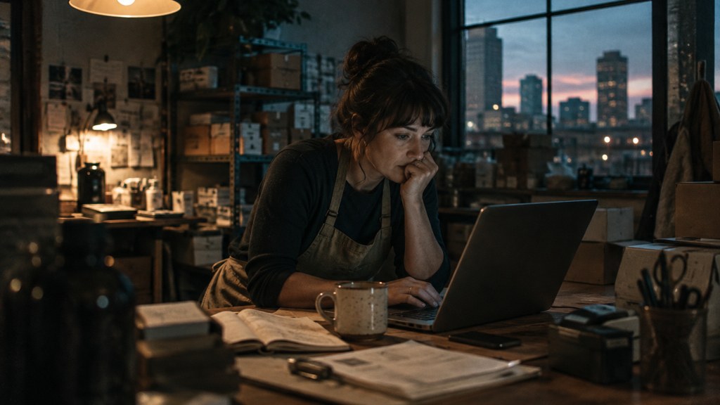A small-business owner in an apron leaning over a laptop on a cluttered back-office desk late in the day, photographed in Tulsa