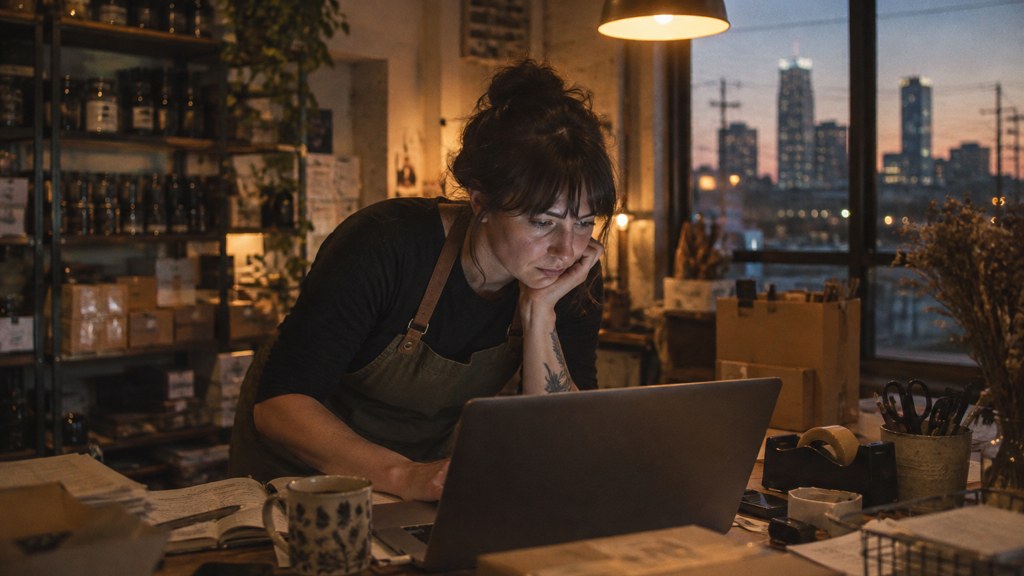 A small-business owner in an apron leaning over a laptop on a cluttered back-office desk late in the day, photographed in Tulsa