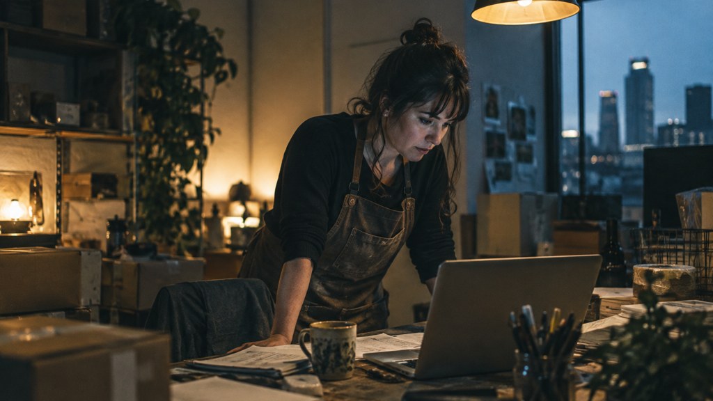 A small-business owner in an apron leaning over a laptop on a cluttered back-office desk late in the day, photographed in Tulsa