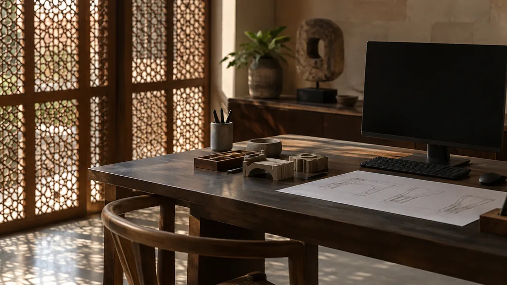 An Ahmedabad web design studio with a blank monitor and component sketches on a dark teak desk in warm filtered light through jaali screens