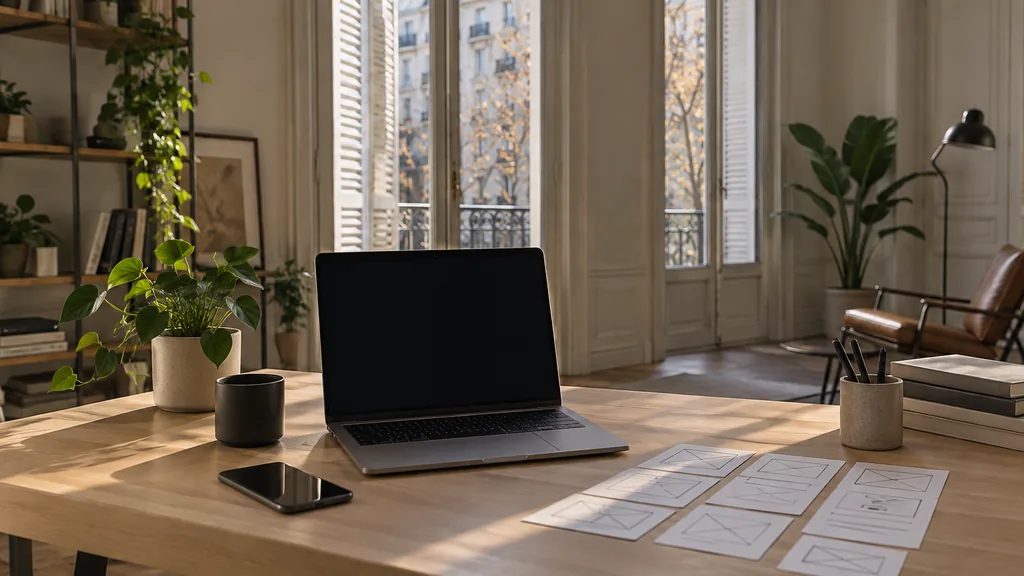 A Buenos Aires Palermo web design studio with a blank laptop screen and wireframe cards on a pale oak desk in soft afternoon light