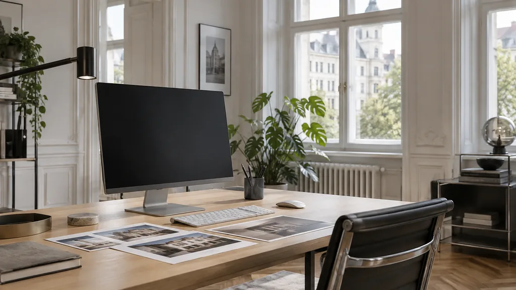 A Munich Altbau web design studio with a blank monitor and layout printouts on a light beech desk in clean even daylight