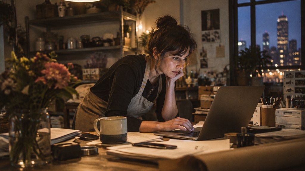 A small-business owner in an apron leaning over a laptop on a cluttered back-office desk late in the day, photographed in Tulsa