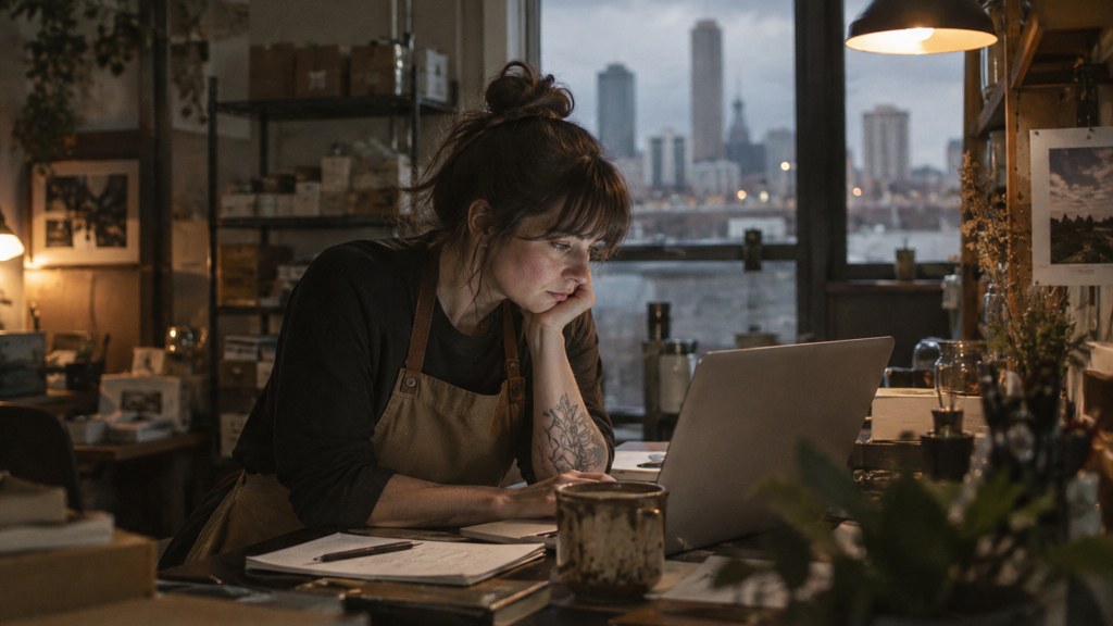A small-business owner in an apron leaning over a laptop on a cluttered back-office desk late in the day, photographed in Tulsa