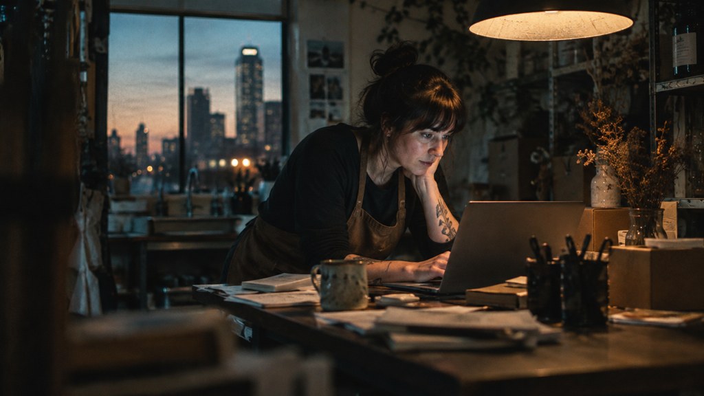 A small-business owner in an apron leaning over a laptop on a cluttered back-office desk late in the day, photographed in Tulsa