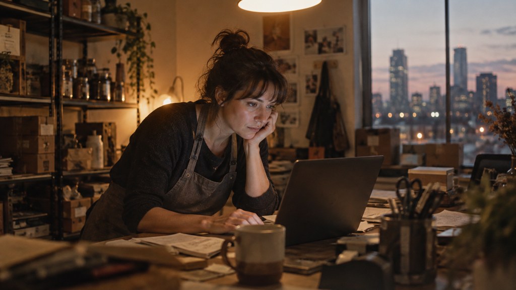 A small-business owner in an apron leaning over a laptop on a cluttered back-office desk late in the day, photographed in Tulsa