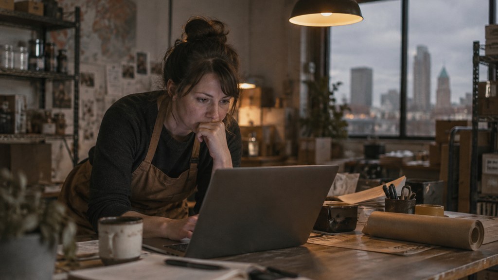 A small-business owner in an apron leaning over a laptop on a cluttered back-office desk late in the day, photographed in Tulsa
