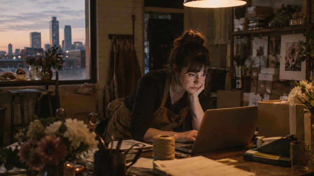 A small-business owner in an apron leaning over a laptop on a cluttered back-office desk late in the day, photographed in Tulsa
