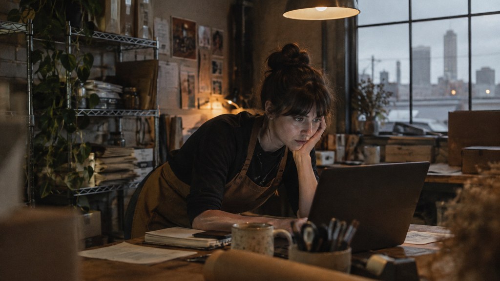 A small-business owner in an apron leaning over a laptop on a cluttered back-office desk late in the day, photographed in Tulsa