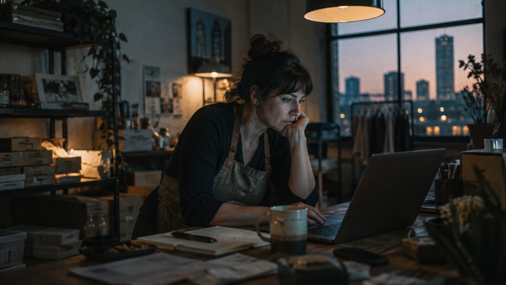 A small-business owner in an apron leaning over a laptop on a cluttered back-office desk late in the day, photographed in Tulsa