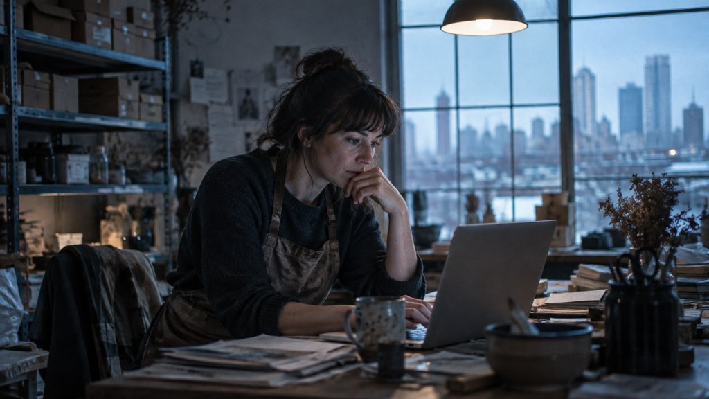 A small-business owner in an apron leaning over a laptop on a cluttered back-office desk late in the day, photographed in Tulsa