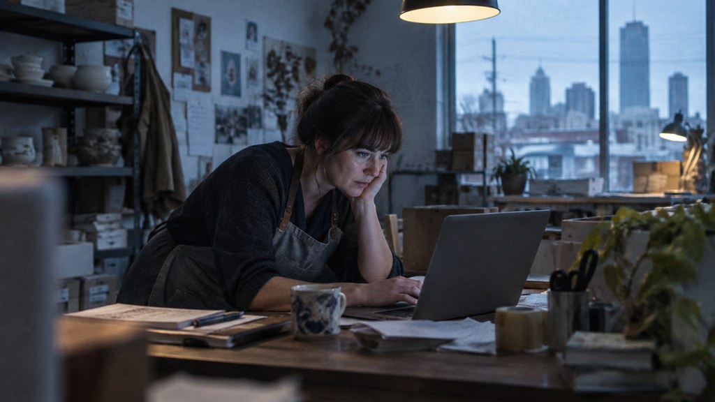 A small-business owner in an apron leaning over a laptop on a cluttered back-office desk late in the day, photographed in Tulsa