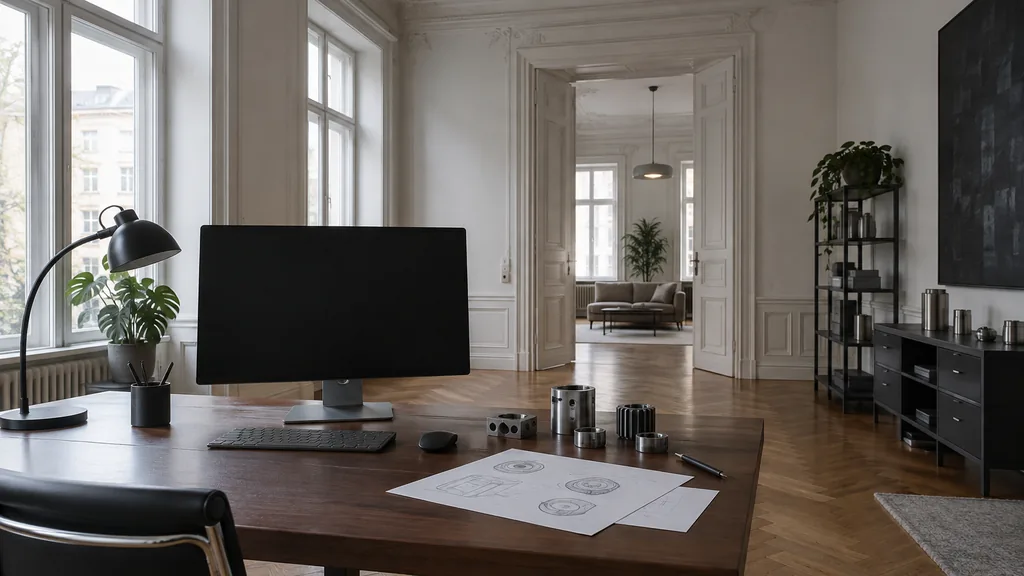 A Vienna Gründerzeit web design studio with a blank monitor and component sketches on a dark walnut desk in cool even daylight