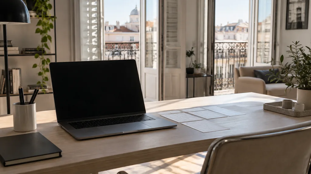 A Madrid top-floor web design studio with a blank laptop screen and wireframe cards on a pale ash desk in bright dry midday light