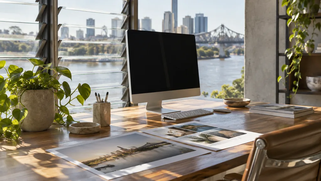 A Brisbane riverside web design studio with a blank monitor and layout printouts on a spotted-gum timber desk in strong subtropical light