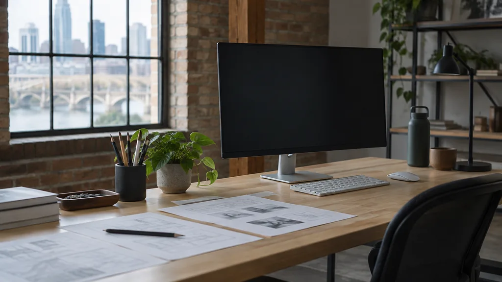 A Minneapolis brick-and-timber web development studio with a blank monitor and layout sketches on a maple desk in cool north light