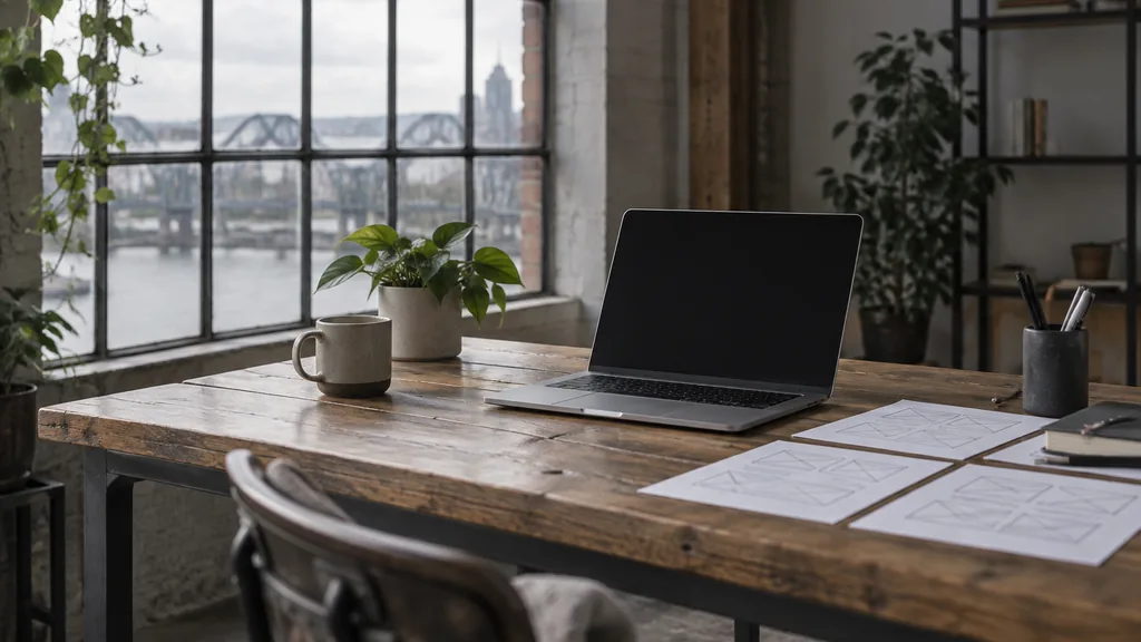 A Portland warehouse web development studio with a blank laptop screen and wireframe printouts on a reclaimed fir desk in soft grey Pacific Northwest light